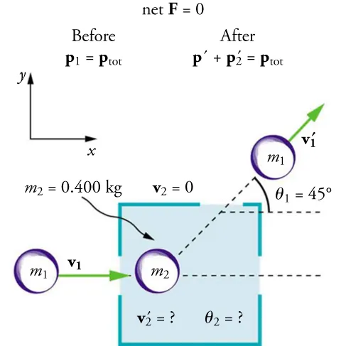 An illustration shows before and after diagrams of two balls, one moving toward the other. The first ball is labeled m one and the second ball is labeled m two and point four kilograms. In the before diagram, a velocity vector, v one, points from m one to m two. In the after diagram, m one is moving in an upward direction with a velocity vector, v one prime, indicating its direction. It forms an angle of forty-five degrees with the x-axis. The following are also shown: before, p one equal p total; after, prime plus p two prime equals p total; net F equals zero; v two equals zero; v two prime is unknown; angle two is unknown.