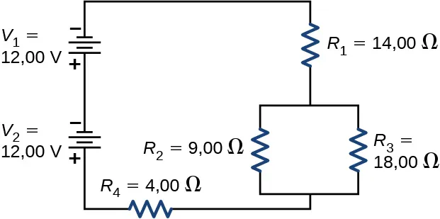 La figura muestra dos fuentes de voltaje en serie de 12 V cada una con los terminales negativos hacia arriba conectados a cuatro resistores. Las fuentes están conectadas en serie al resistor R subíndice 1 de 14 Ω conectada en serie a dos resistores en paralelo, R subíndice 2 de 9 Ω y R subíndice 3 de 18 Ω conectadas en serie al resistor R subíndice 4 de 4 Ω.