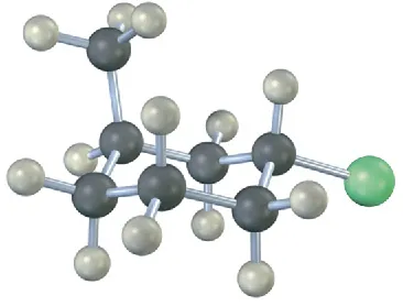 The ball and stick model of substituted cyclohexane, represented by its chair conformation. C1 is bonded to an equatorial  chlorine atom (green sphere). C3 is bonded to an axial methyl group.