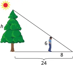 Math problem illustrating similar triangles to determine the height 'h' of a tree. A 6-unit tall person stands 8 units from the end of a 24-unit long shadow cast by the tree under the sun.