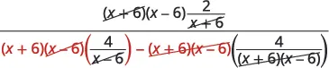 A complex algebraic fraction showing several terms being canceled out, including (x+6) and (x-6), across the numerator and the two subtracted terms in the denominator.