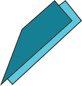 Two overlapping, irregularly shaped polygons in shades of teal and light blue are angled diagonally upwards against a white background, creating a layered, abstract design.