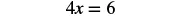 A mathematical equation is displayed on a white background, reading '4x = 6'.