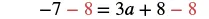 An algebraic equation: -7 - 8 = 3a + 8 - 8. The '8's subtracted from each side are highlighted in red, showing a step to simplify the equation and solve for the variable 'a'.