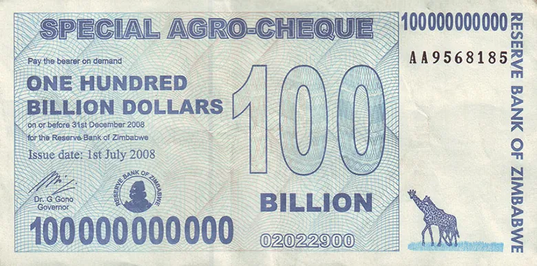Ilustracja przedstawia banknot o nominale 100 mld dolarów zimbabweńskich