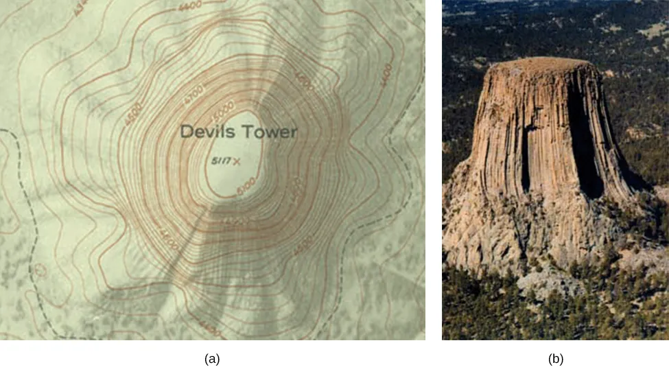 Część a pokazuje zdjęcie z góry linii topograficznych Devil's Tower w stanie Wyoming, a w części b pokazany jest widok góry.&nbsp;