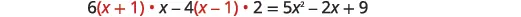 A mathematical equation is displayed on a white background: 6(x+1)x - 4(x-1)2 = 5x^2 - 2x + 9. Some parts of the equation, specifically the variables 'x' within parentheses and the '1's, are highlighted in red.