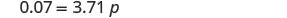 The image shows a mathematical equation on a white background. The equation presented is '0.07 = 3.71 p'.