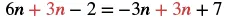 An algebraic equation 6n + 3n - 2 = -3n + 3n + 7, with variables and constants. Some terms are highlighted in red.