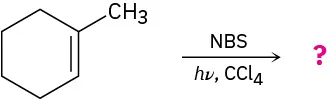1-methylyclohexene reacts with N-bromosuccinimide, light, and carbon tetrachloride to form an unknown product represented by a question mark.
