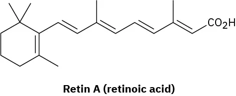 The structure of retin A (retinoic acid): one double bond in a ring, and four double bonds in a long substituent chain, each with two different substituents at each carbon.