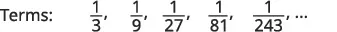 The image displays the heading "Terms:" followed by a mathematical sequence of five fractions and an ellipsis, indicating that the sequence continues. The terms are 1/3, 1/9, 1/27, 1/81, and 1/243. Each term is a fraction with a numerator of 1, and the denominators are successive powers of 3 (3^1, 3^2, 3^3, 3^4, 3^5).