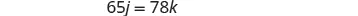 The mathematical equation 65j = 78k is displayed on a white background.