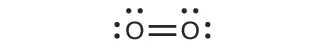 Se muestra una estructura de Lewis. Está formada por dos átomos de oxígeno, cada uno con dos pares solitarios de electrones, unidos por un doble enlace.