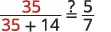 A math problem showing the fraction 35 over (35 + 14) on the left side, an equals sign with a question mark above it, and the fraction 5/7 on the right side, implying the need to solve for the missing numerator.