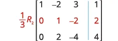 An augmented matrix displays the row operation (1/3)R2. The elements of the second row, highlighted in red, show the current state of the matrix after the operation, featuring values 0, 1, -2, and 2.