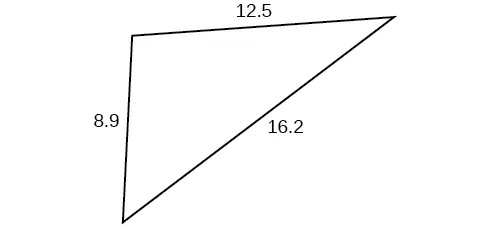 Un triángulo con lados 8,9, 12,5 y 16,2. Ángulos desconocidos.