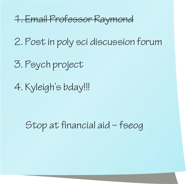 A sticky note shows a student's checklist and to-dos.