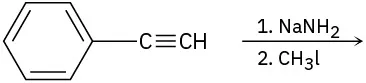 A benzene ring connected to a C2 alkyne reacts with sodium amide and methyl iodide.