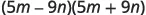 The mathematical expression (5m - 9n)(5m + 9n), representing the difference of squares, is displayed in bold black text on a white background.