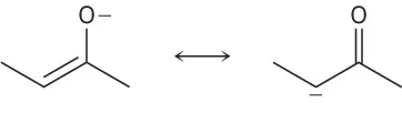 Two resonance structures of an anionic compound that has a 4-carbon chain with a double bond and an oxygen anion at C2.