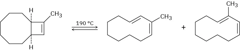 Cyclooctane fused to cyclobutene with methyl reacts at 190 degree Celsius forming two products. Cyclodecadiene rings boned with methyl at C 3 and C 2 in first and second product.