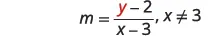 A mathematical equation for slope is shown as m = (y - 2) / (x - 3), with the condition x ≠ 3 to prevent division by zero. The variable 'y' is highlighted in red.