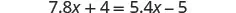 A mathematical equation is displayed, reading '7.8x + 4 = 5.4x - 5' against a white background.