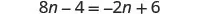A mathematical equation is displayed: 8n - 4 = -2n + 6. It's an algebraic equation with one variable, 'n', on both sides of the equality.