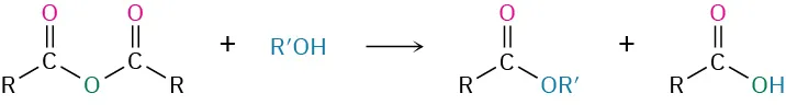 The reaction of an acid anhydride with an alcohol forms an ester and a carboxylic acid.