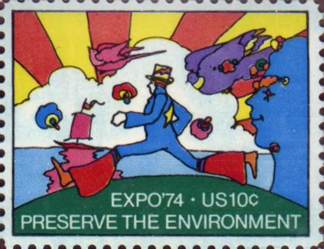 An illustration in a psychedelic style depicts a man in a bell-bottomed suit and hat, leaping across an expanse of green land. In the background, a massive rainbow sprouts from a cloud, and bright birds and flowers sail through the air.