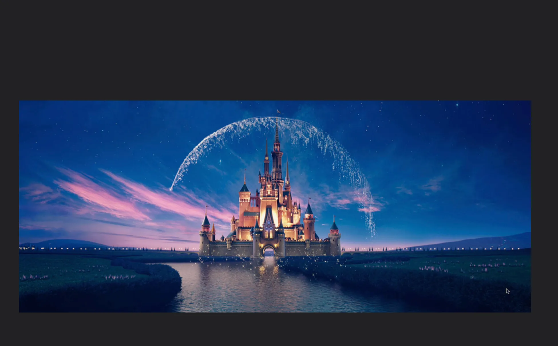 A breathtaking view of the iconic Disney castle at dusk, bathed in warm light, with a trail of magic dust arching over its spires against a starlit, pink-hued sky, promising dreams and enchantment.