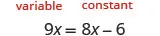 An example of an algebraic equation 9x = 8x - 6, with 'variable' and 'constant' terms labeled in red.