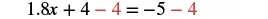 A mathematical equation '1.8x + 4 - 4 = -5 - 4' is displayed, demonstrating a step in solving for 'x' where the subtraction of '4' from both sides is highlighted in red.