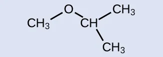 Una estructura molecular muestra un grupo C H subíndice 3 enlazado hacia arriba y a la derecha a un átomo de O. El átomo de O está enlazado hacia abajo y a la derecha a un grupo C H. El grupo C H está enlazado hacia arriba y hacia la derecha a un grupo C H subíndice 3. El grupo C H también está enlazado hacia abajo y hacia la derecha a otro grupo C H subíndice 3.