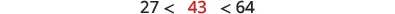 A mathematical inequality displaying '27 < 43 < 64', with the number 43 emphasized in red.
