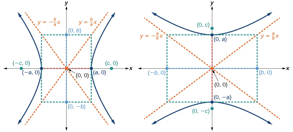 The left graph displays a hyperbola centered at the origin with a horizontal transverse axis. Its vertices are at (±a, 0), foci at (±c, 0), and its asymptotes are given by the equations y = ±(b/a)x. An auxiliary dashed rectangle, defined by x = ±a and y = ±b, is shown, with the asymptotes passing through its corners. The right graph illustrates a hyperbola centered at the origin with a vertical transverse axis. Its vertices are at (0, ±a), foci at (0, ±c), and its asymptotes are given by the equations y = ±(a/b)x. An auxiliary dashed rectangle, defined by x = ±b and y = ±a, is also shown, with the asymptotes passing through its corners.
