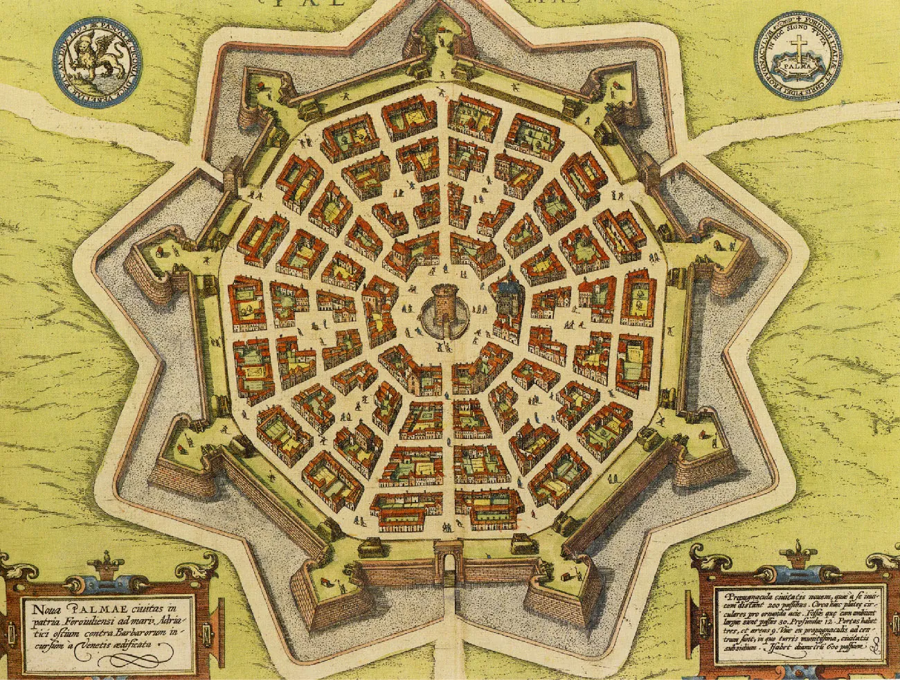 A drawing of a map of a nine pointed fort is shown with pale green ground on the outside. Round emblems are drawn in each of the top corners, a serpent with wings holding a sword on the left and a cross in the ground on the right. Both emblems have words written on the perimeter of the emblem. In both bottom corners is a wood colored sign with scripted writing on the inside. In the middle of the map of the fort, a lone red brick tower stands surrounded by a gray circle. People are seen around the tower. Groups of colorful buildings circle the lone tower, with three more circles, each larger than the previous one. Groups of buildings are separated by beige roads. Eighteen total roads lead away from the lone tower to the outside perimeter of the fort. A green perimeter is on the outside of the last circle of houses with two brown structures at either side of each point. A red brick wall surrounds the fort with nine arrow shaped points jutting out. Gray gravelly ground surrounds the wall and a pale beige road extends outside the gray area. A road leads from the bottom and one from each side at the top to the fort and enters through an arched opening.