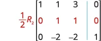 An augmented matrix displays the result of a row operation where the second row (R2) has been scaled by 1/2. The elements of this new R2, [0, 1, 1, 0], are highlighted in red.