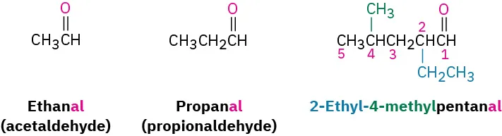 The structures of ethanal (also called acetaldehyde), propanal (also called propionaldehyde) and 2-ethyl-4-methylpentanal. The carbon atoms are numbered in 2-ethyl-4-methylpentanal.
