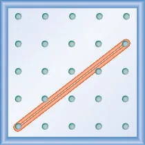 The figure shows a grid of evenly spaced pegs. There are 5 columns and 5 rows of pegs. A rubber band is stretched between the peg in column 1, row 5 and the peg in column 5, row 2, forming a line.