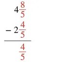 A vertical subtraction problem of mixed numbers: 4 and 8/5 minus 2 and 4/5, with the result shown below the line as 4/5.