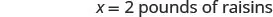The image shows the text 'x = 2 pounds of raisins' in a clear, legible font against a white background.