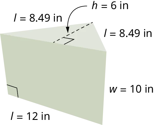 A right triangular prism. The sides of the triangle are labeled l equals 8.49 inches, l equals 8.49 inches, and l equals 12 inches. The height of the triangle is labeled h equals 6 inches. The width of the prism is labeled w equals 10 inches.