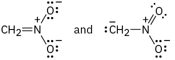 First structure: Nitrogen cation bonded to two oxygen anions and double bonded to methylene. Second structure: Nitrogen cation is double bonded to oxygen, single bonded to methylene and oxygen anion.