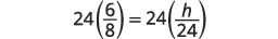 A mathematical equation is shown with the expression 24 multiplied by 6/8 on the left side of the equals sign, and 24 multiplied by h/24 on the right side.