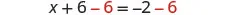 A mathematical equation shows a step in solving for 'x', where 6 is subtracted from both sides of the equation x + 6 = -2, resulting in x + 6 - 6 = -2 - 6. The subtracted 6s are red.