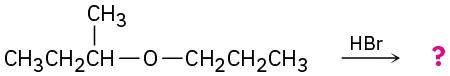 Two propyl groups are linked via ether linkage where methyl is linked to C 1. It reacts with hydrogen bromide to form unknown product(s), depicted by a question mark.