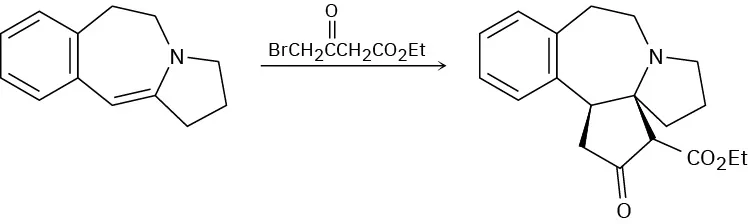 The reaction shows an enamine reacting with an alkyl halide with oxo and ethyl ether substituenets, producing a product. The structures of enamine and product comprise multiple fused rings.