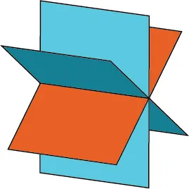 Three perpendicular planes, light blue, dark blue, and orange, intersect at a central point, illustrating a 3D Cartesian coordinate system and the division of space into octants.
